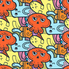 Funny doodle monsters seamless pattern for prints, designs and coloring books
