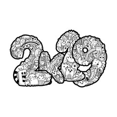 New year 2K19. Monster doodle date. Ornate holiday symbol.