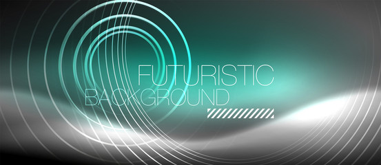 Neon circles abstract background, shiny lines