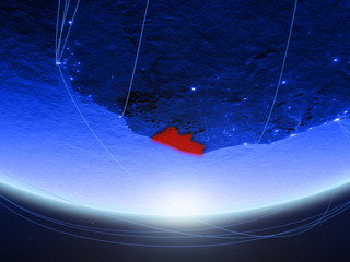 Liberia on green model of planet Earth with network representing blue digital age, travel and communication.