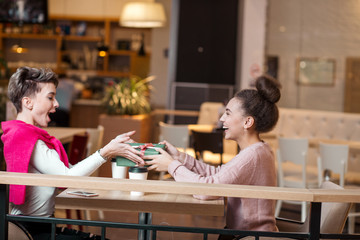 Cheerful amiable girls sit in cafe of shopping center. The happy woman presents a gift for Christmas to her female co-worker . Female togetherness, girlfriends, shopping, holidays celebrating concept