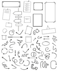 Infographic tables on isolated background. Collection of desks on white. Arrows for design. Hand drawn simple signs. Image for flyers, posters, banners and other