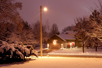 Beautiful snowy winter night at countryside background.Street view with covered by fresh snow...