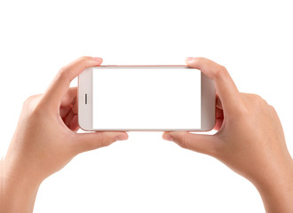 Woman hand holding smartphone isolated on white background.