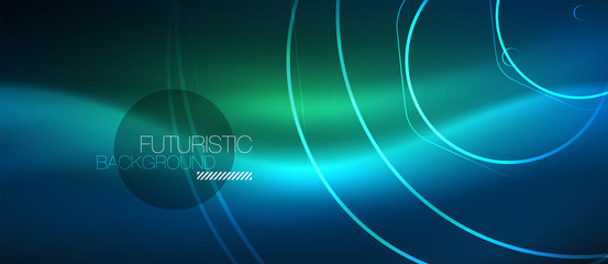 Neon glowing lines, magic energy space blue light concept, abstract background wallpaper design