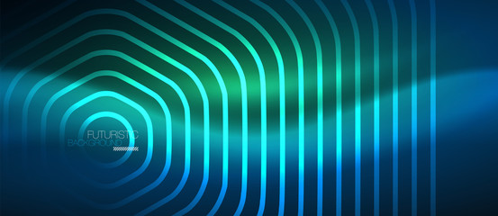 Neon glowing lines, magic energy space blue light concept, abstract background wallpaper design