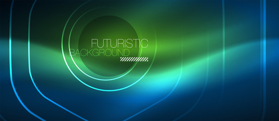 Neon glowing lines, magic energy space blue light concept, abstract background wallpaper design