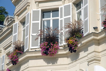 Fototapeta na wymiar Ville d'Epernay, jolie façade fleuri du centre ville, département de la Marne, France