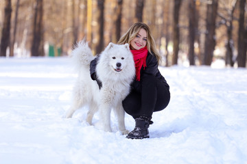 Beautiful young girl with a Samoyed dog in the winter forest on the snow