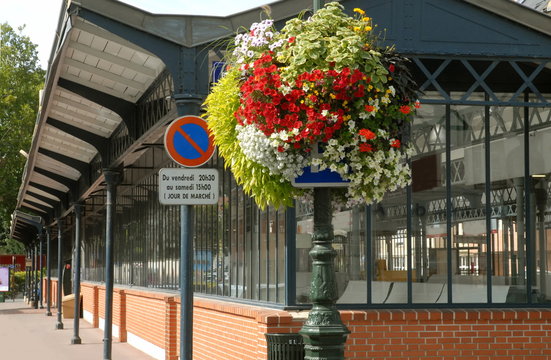 Ville d'Epernay, vieille halle, marché couvert et fleurs suspendues en premier plan, département de la Marne, France	