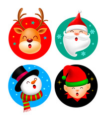 Set of Christmas character design in circle. Reindeer, Santa Claus, Snowman and cartoon elf. Merry Christmas concept. Vector illustration isolated on white background.