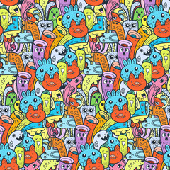 Funny doodle monsters seamless pattern for prints, designs and coloring books