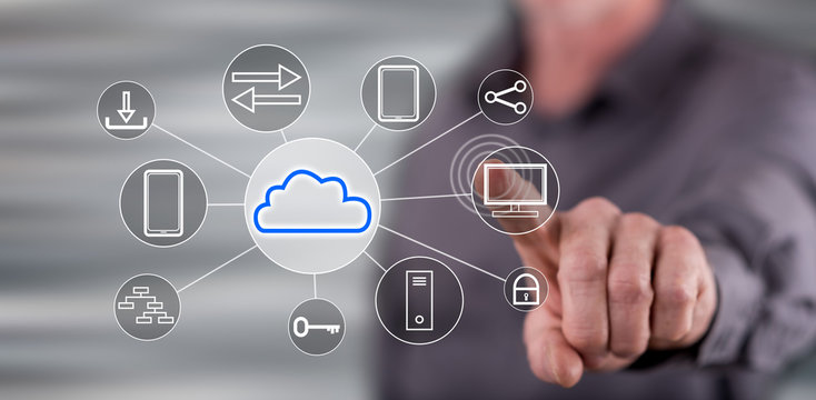 Man touching a cloud computing concept