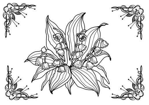 Adult coloring. Lily of the valley. Black and white image in the frame.