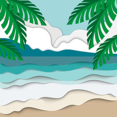 Fototapeta na wymiar Sea waves and the beach cut from paper. The concept of summer recreation and tourism. Template for booklet, invitation, banner, poster. Vector illustration of paper cut out style.