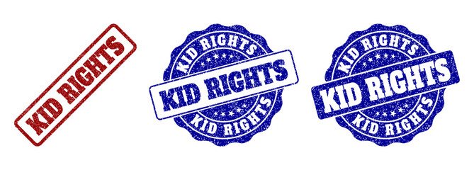 KID RIGHTS grunge stamp seals in red and blue colors. Vector KID RIGHTS watermarks with grunge texture. Graphic elements are rounded rectangles, rosettes, circles and text labels.