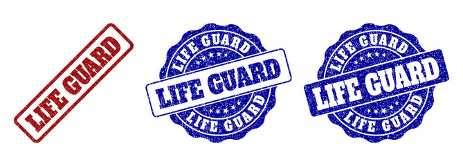 Obraz premium LIFE GUARD grunge stamp seals in red and blue colors. Vector LIFE GUARD labels with draft texture. Graphic elements are rounded rectangles, rosettes, circles and text labels.