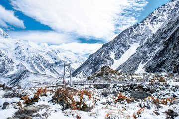 Beautiful view of Hooker Valley track covered with white snow. Mount Cook National Park, New Zealand.