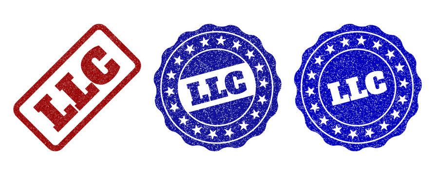 LLC grunge stamp seals in red and blue colors. Vector LLC overlays with grunge texture. Graphic elements are rounded rectangles, rosettes, circles and text tags. Designed for rubber stamp imitations.
