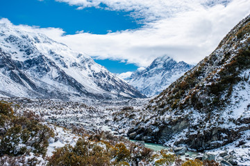 Fototapeta na wymiar Beautiful view of Hooker Valley track covered with white snow. Mount Cook National Park.