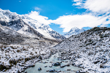 Beautiful view of the blue turquoise river in Hooker Valley track. Mount Cook National Park.