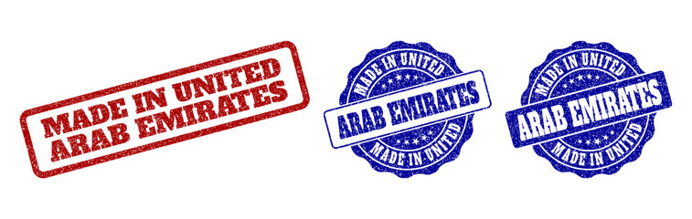 Fototapeta premium MADE IN UNITED ARAB EMIRATES grunge stamp seals in red and blue colors. Vector MADE IN UNITED ARAB EMIRATES imprints with distress style. Graphic elements are rounded rectangles, rosettes,