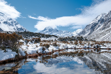 Beautiful view of Mount Cook and the reflection on the lake after a snowy day.