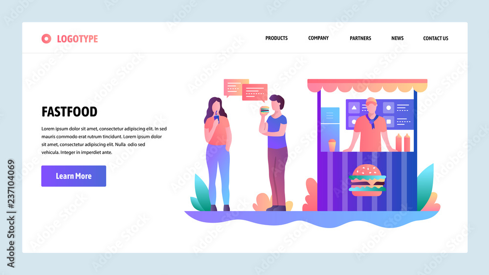 Poster web site onboarding screens. fast food stall. people eat lunch on a street. menu vector banner templ