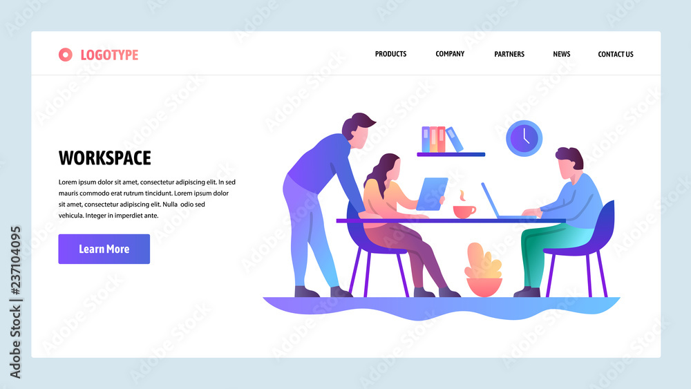 Poster web site onboarding screens. office meeting and coworking workplace. menu vector banner template for