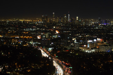 Fototapeta na wymiar Aerial, night view of downtown Los Angeles in California