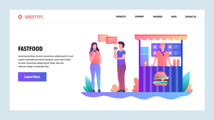 Web site onboarding screens. Fast food stall. People eat lunch on a street. Menu vector banner template for website and mobile app development. Modern design linear art flat illustration.