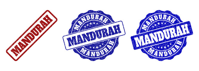 MANDURAH scratched stamp seals in red and blue colors. Vector MANDURAH signs with grunge effect. Graphic elements are rounded rectangles, rosettes, circles and text labels.