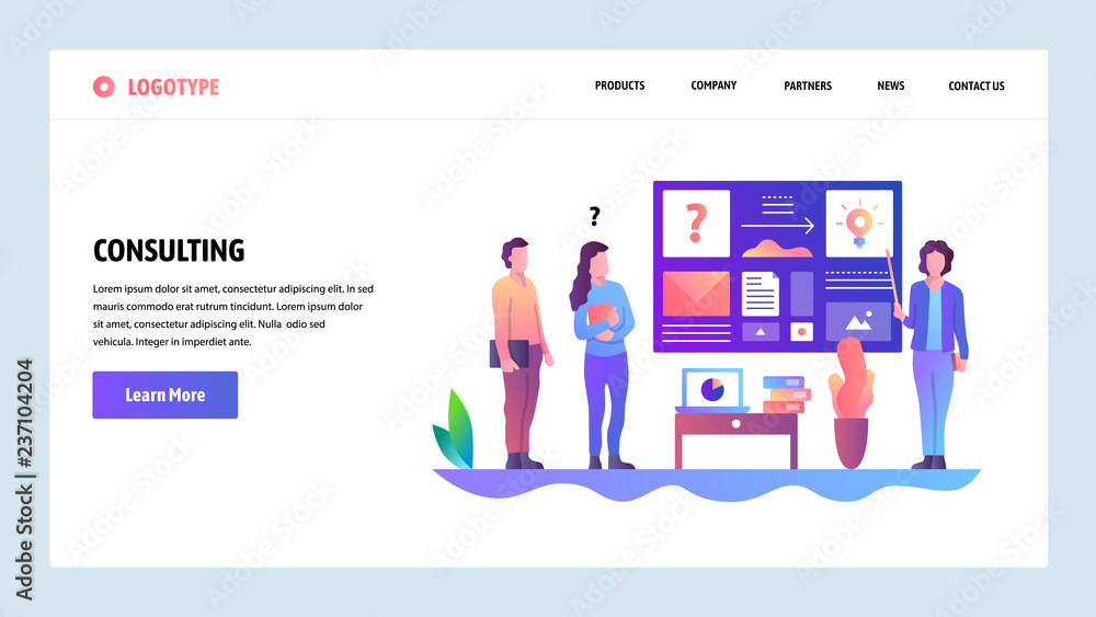 Poster web site onboarding screens. business consulting and office meeting presentation. menu vector banner