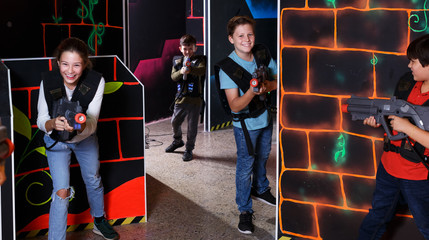 Kids playing laser tag on labyrinth
