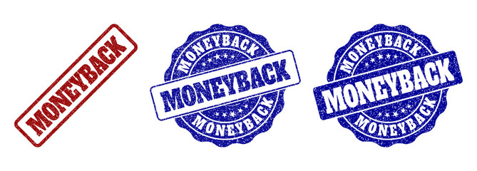 MONEYBACK grunge stamp seals in red and blue colors. Vector MONEYBACK overlays with grainy style. Graphic elements are rounded rectangles, rosettes, circles and text captions.