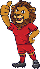 Fototapeta premium Kreskówka lew maskotka piłka nożna pokazuje kciuk w górę