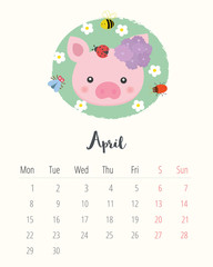 Calendar 2019. Cute pig. April month.