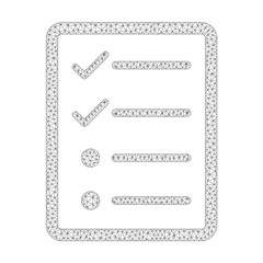 Mesh vector checklist page icon on a white background. Polygonal wireframe grey checklist page image in lowpoly style with structured triangles, dots and linear items.