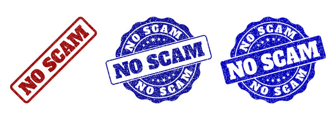 NO SCAM scratched stamp seals in red and blue colors. Vector NO SCAM watermarks with draft effect. Graphic elements are rounded rectangles, rosettes, circles and text labels.