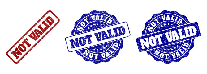 NOT VALID grunge stamp seals in red and blue colors. Vector NOT VALID signs with grunge style. Graphic elements are rounded rectangles, rosettes, circles and text captions.