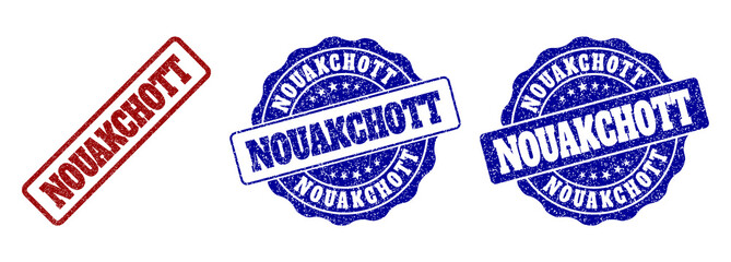 NOUAKCHOTT grunge stamp seals in red and blue colors. Vector NOUAKCHOTT imprints with grunge texture. Graphic elements are rounded rectangles, rosettes, circles and text labels.