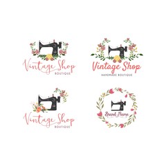 Tailor Sewing Vintage Set, Fashion, Floral, Retro Logo, Icon, Sign Template