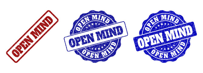 OPEN MIND scratched stamp seals in red and blue colors. Vector OPEN MIND labels with draft style. Graphic elements are rounded rectangles, rosettes, circles and text labels.