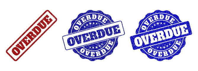 OVERDUE grunge stamp seals in red and blue colors. Vector OVERDUE labels with grunge effect. Graphic elements are rounded rectangles, rosettes, circles and text tags.