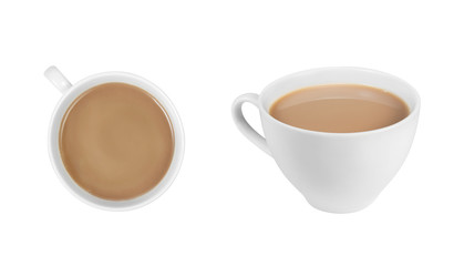 Porcelain cup of tea with milk isolated on white background with clipping path