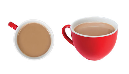 Porcelain cup of tea with milk isolated on white background