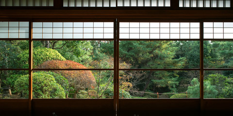 Japanese garden and sliding doors 　障子越しの日本庭園 - obrazy, fototapety, plakaty