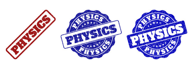 PHYSICS grunge stamp seals in red and blue colors. Vector PHYSICS overlays with draft effect. Graphic elements are rounded rectangles, rosettes, circles and text captions.