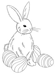 Fototapeta premium Easter rabbit with eggs graphic black white isolated sketch illustration vector