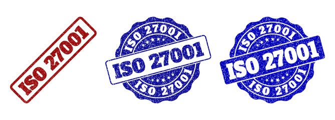 ISO 27001 grunge stamp seals in red and blue colors. Vector ISO 27001 signs with grunge effect. Graphic elements are rounded rectangles, rosettes, circles and text captions.